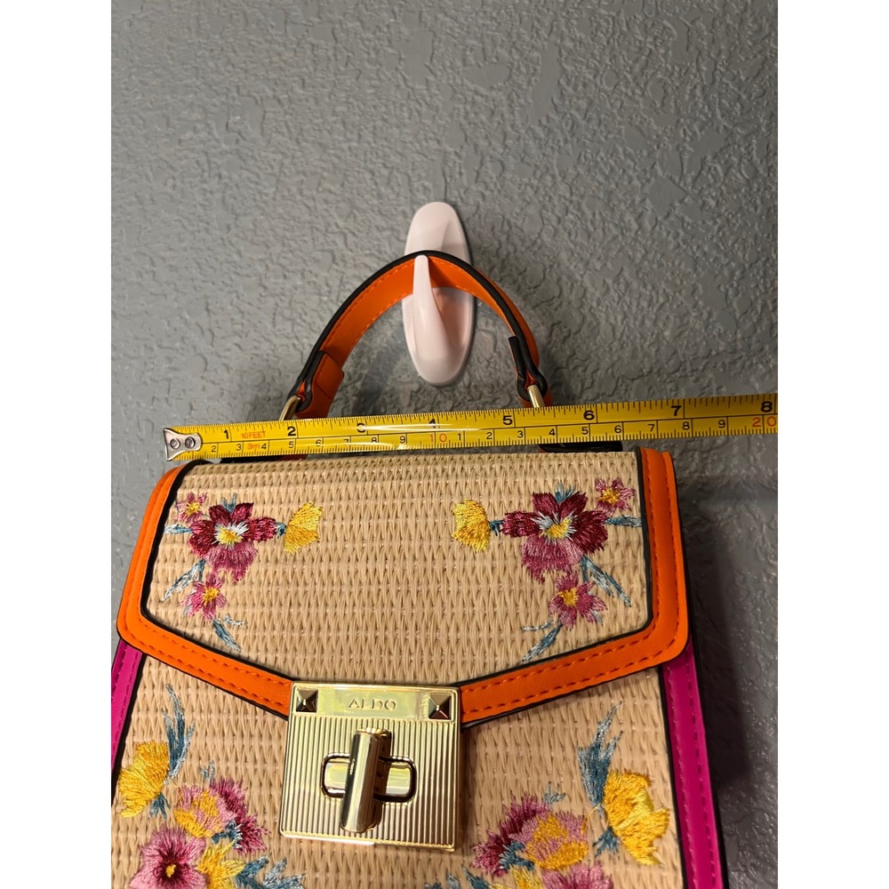 Aldo Floral Embroidered Straw Satchel Bag Colorblock Pink Orange Top Handle - Picture 10 of 11